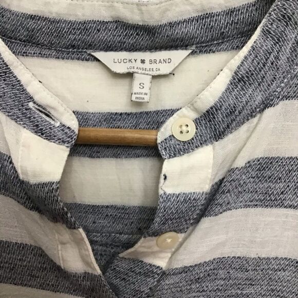 LUCKY Brand striped white blue jeans frills buttom blouse small boho lagenlook - Picture 3 of 12